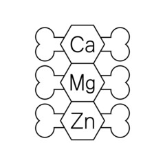 Calcium, magnesium and zinc vitamins for bones. Ca, Mg, Zn set. Vector clipart and drawing. Isolated illustration on white background.
