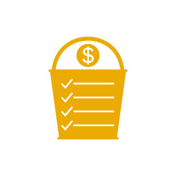 Golden Bucket List Icon With Money. Vector Illustration On White Background.