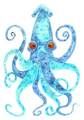 turquoise cartoon watercolor squid with bulging eyes on white background. A childish poster with sea clams