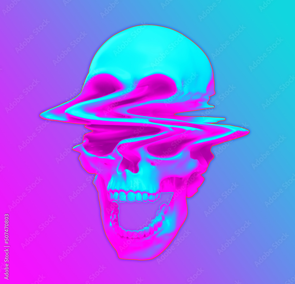 Poster digital illustration from 3d rendering of glitch deformed screaming skull in synthwave vibrant color
