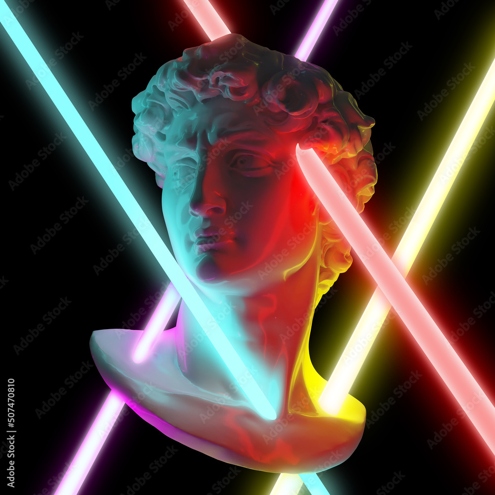 Poster abstract illustration from 3d rendering of classical head sculpture illuminated and pierced through 