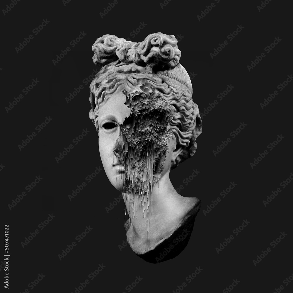 Poster glitch pixel sorting black and white illustration of greek classical head sculpture 3d rendering in 