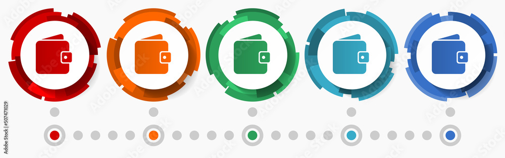 Poster Wallet, money concept vector icon set,  modern design abstract web buttons in 5 color options, infographic template for webdesign and mobile apps