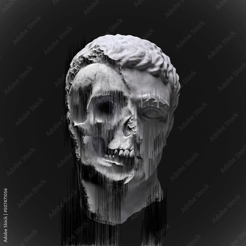 Poster glitch pixel sorting black and white illustration of half skull classical sculpture head from 3d ren