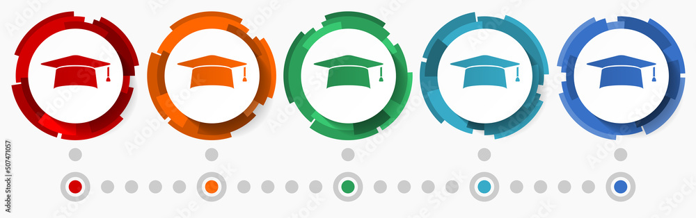 Poster Education, graduation concept vector icon set, modern design abstract web buttons in 5 color options, infographic template for webdesign and mobile apps