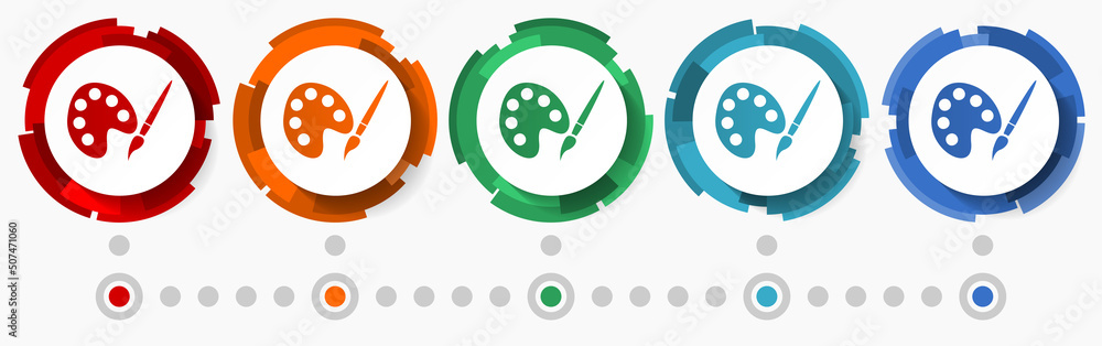 Poster Painting palette concept vector icon set, modern design abstract web buttons in 5 color options, infographic template for webdesign and mobile apps