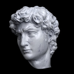 Digital illustration from 3d rendering of marble classical head sculpture isolated on black background.