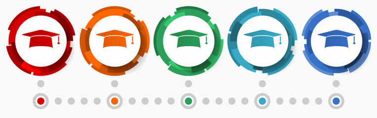 Education, graduation concept vector icon set, modern design abstract web buttons in 5 color options, infographic template for webdesign and mobile apps - obrazy, fototapety, plakaty