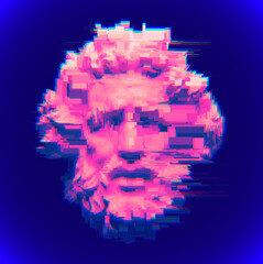 Digital colorful illustration from 3D rendering in rectangle pixel glitch corrupted graphics style of white marble classical head sculpture of bearded old man and isolated on black background.