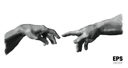 Vector illustration of hands reaching out for touch in black and white dot halftone vintage style design. - obrazy, fototapety, plakaty