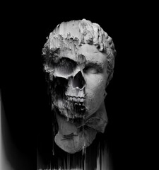 Glitch pixel sorting corrupted graphics black and white illustration of half skull classical sculpture head from 3D rendering in the style of modern digital graphics isolated on black background.