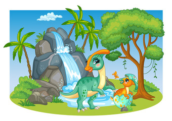 Illustration with cute parasaurolophus dinosaurs in nature vector © alinart