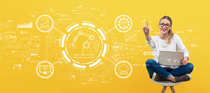 Smart industry concept with young woman holding her laptop