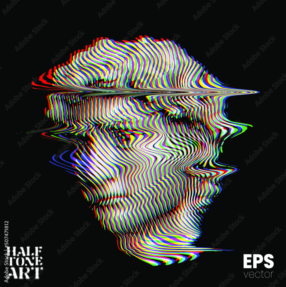 Poster halftone art. vector glitch and corrupted rgb color offset mode illustration from 3d rendering of cl