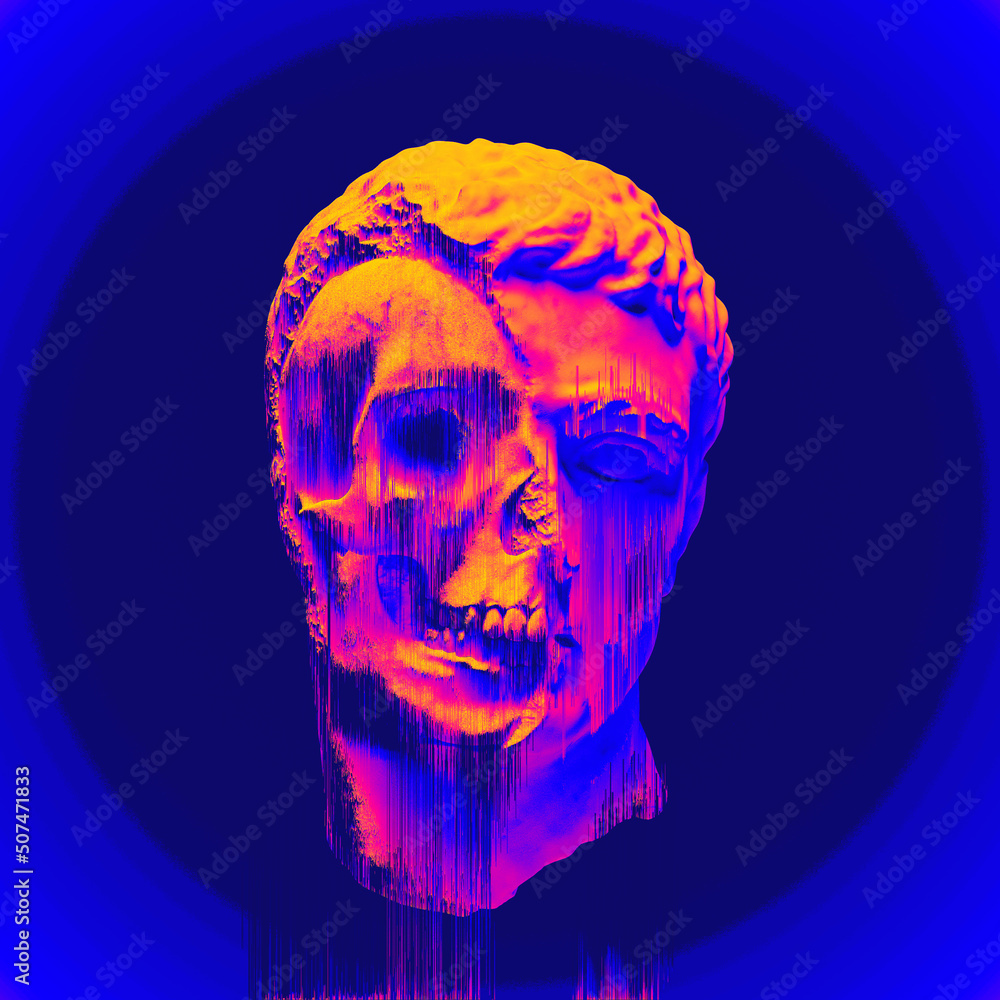 Aufkleber glitch pixel sorting colorful illustration of half skull classical sculpture head from 3d rendering 