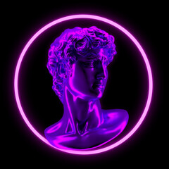 Abstract illustration from 3d rendering of classical head sculpture in pink and blue vaporwave style illuminated by a pink neon ring and isolated on black background.