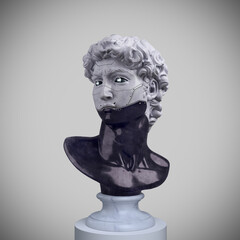 Obraz premium Abstract futuristic illustration from 3d rendering of a classical sculpture male bust half marble half robotic and isolated on grey background.