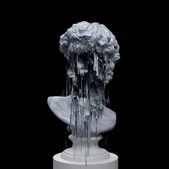 Abstract concept illustration of faceless white marble classical bust on pedestal with erased and glitched pixel sorting face from 3d rendering on grey background.
