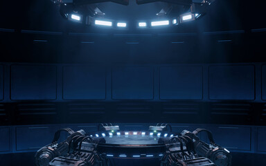 3D Rendering of sci fi pedestal in scientific laboratory with mechanical robot arms holder and ceiling light. For technology product, crypto currency, computer or high tech background