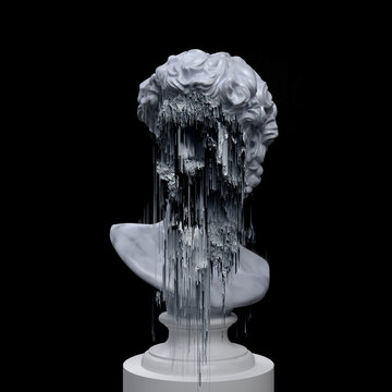 Abstract Concept Illustration Of Faceless White Marble Classical Bust On Pedestal With Erased And Glitched Pixel Sorting Face From 3d Rendering On Grey Background.