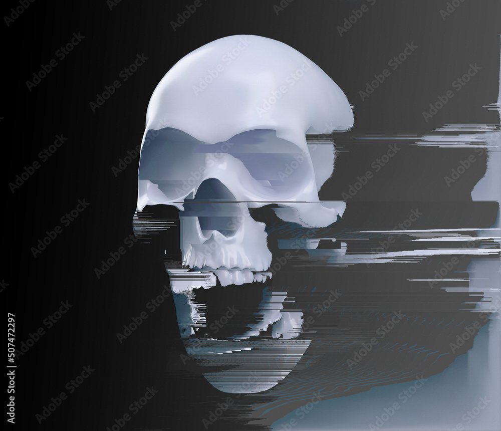 Poster pixel sorting glitch art corrupted graphics of black and white monochrome front view skull from 3d r