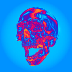 3D rendering illustration of a screaming skull made of chrome reflecting metal in vaporwave style colors and isolated on background.