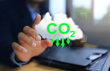 A manager reach out to touch the clouds find way to reduce carbon dioxide emissions and other activities that encourage people to pay attention to the problem of global warming and greenhouse gases.