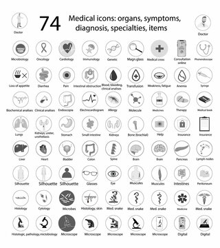 74 medical icons, vector, grey