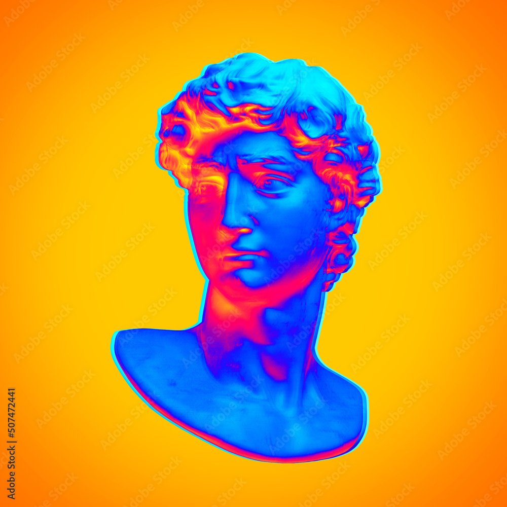 Wall mural Digital illustration from 3D rendering of classical head bust isolated on background in pink and blue vaporwave and retrowave style colors.