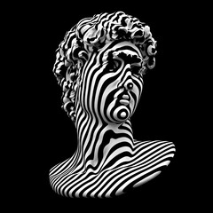 Abstract black and white striped pattern  illustration from 3D rendering of classical head sculpture isolated on black background.