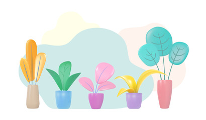 3d House Plants Collection. Vector Realistic Render. Home Interior Scene.