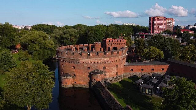 The famous Tower of the Don in a fortification in the center of Kaliningrad, drone view