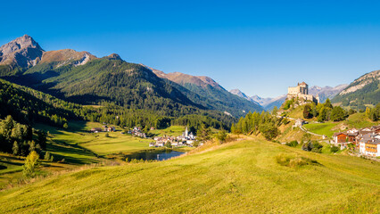Mountains surrounding the village and castle of Tarasp (Grisons, Switzerland). It lies in the Lower...