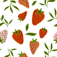 strawberry berry vector illustration with leaves and branches, flat simple doodle style, modern art, berry background and pattern, summer sweets, fruits and berries.