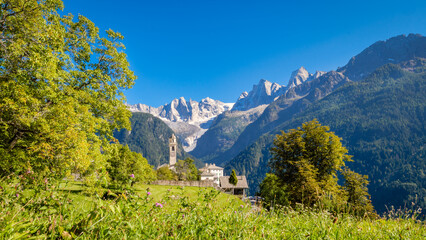 Nice autumn view on the gorgeous village of Soglio, located on the mountainside on the northern...