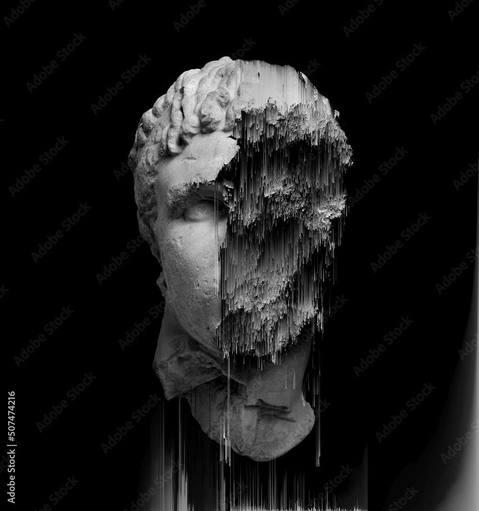 Aufkleber glitch pixel sorting black and white illustration of glitched damaged classical sculpture head from 