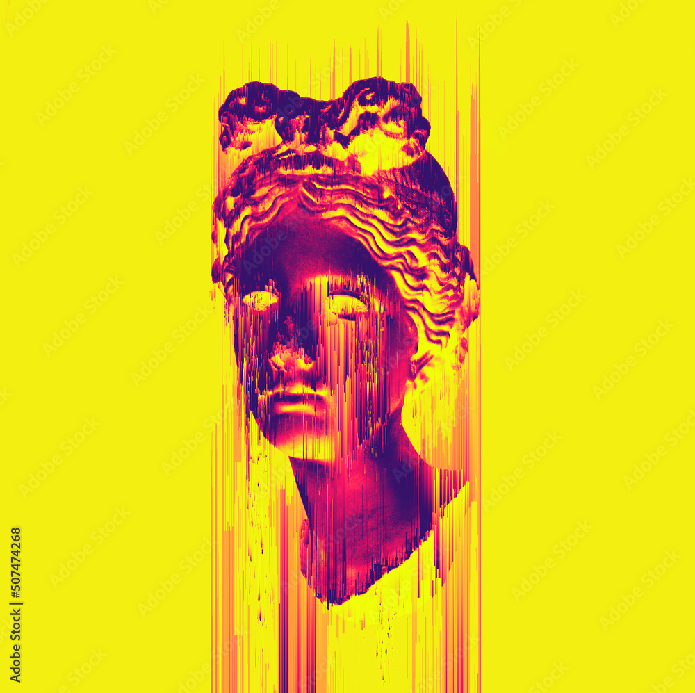 Poster glitch pixel sorting color illustration of greek classical head sculpture 3d rendering in the style 