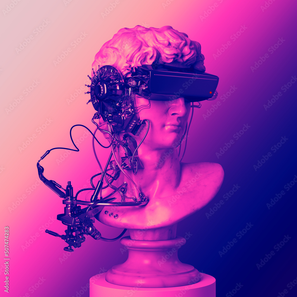 Poster abstract futuristic concept illustration from 3d rendering of a classical marble sculpture with virt