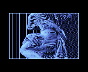 Digital glitch art illustration of classical sculpture of Proserpina Rape detail from 3D rendering in oscilloscope blue lines on black background in the style of old CRT TVs and VHS. - obrazy, fototapety, plakaty