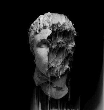 Glitch pixel sorting black and white illustration of glitched damaged classical sculpture head from 3D rendering in the style of modern digital graphics on a pedestal. 