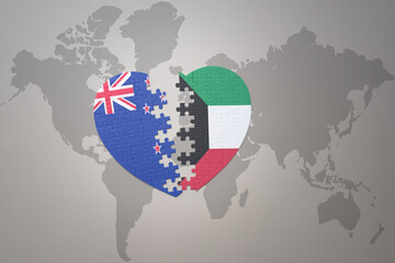 puzzle heart with the national flag of new zealand and kuwait on a world map background. Concept.