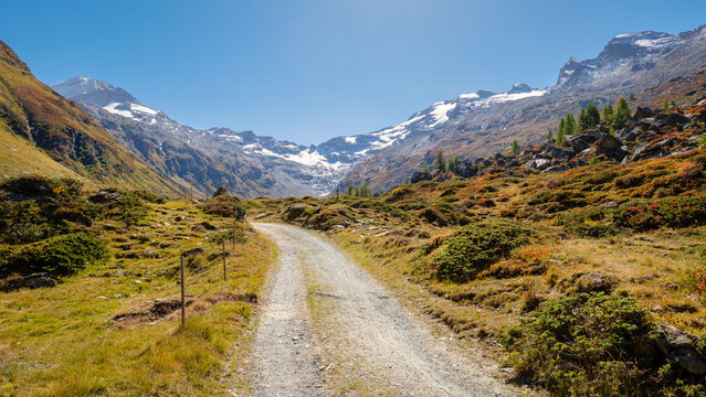 Hiking trails in the Fex Valley (Switzerland) offer gorgeous views when walking from the entrance outside Sils Maria towards Fex Glacier at the end. It's located at an height of 1,800 to 2,000 metres