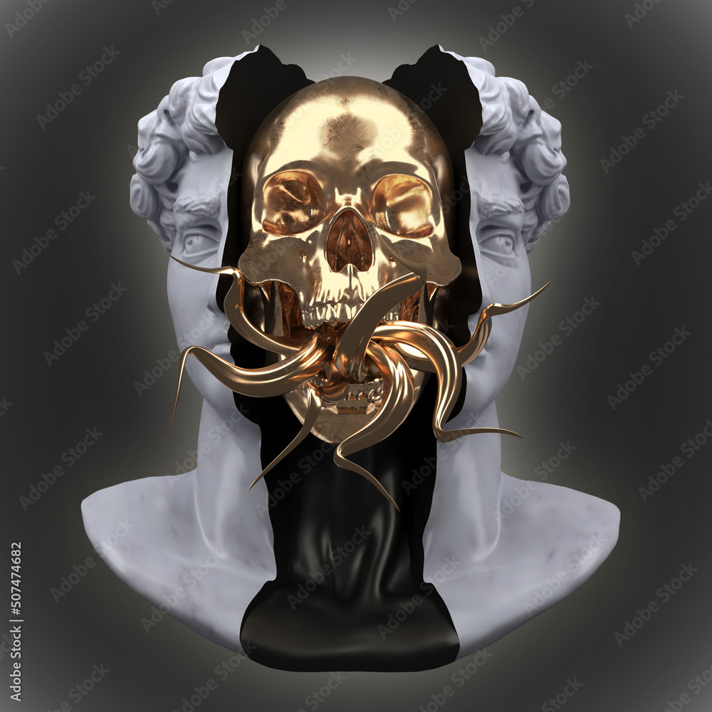 Poster abstract concept illustration from 3d rendering of classical head bust sliced open in two with black