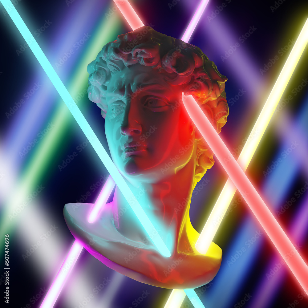 Poster abstract illustration from 3d rendering of classical head sculpture illuminated and pierced through 