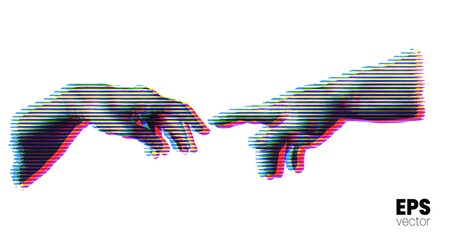 Vector illustration of hands reaching out for touch in RGB color offset horizontal line halftone vintage style design isolated on white background.