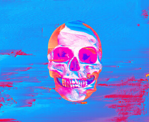 Pixel sorting glitch art of colorful psychedelic front side skull from 3D rendering on corrupted graphics and color glitched vaporwave background.