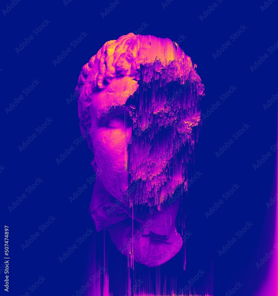 Poster glitch pixel sorting pink and blue color vaporwave style illustration of glitched damaged classical 