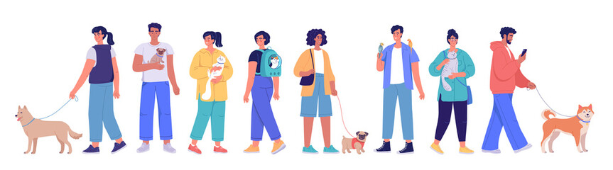 Cute young people walking with their cute pets dogs and cats