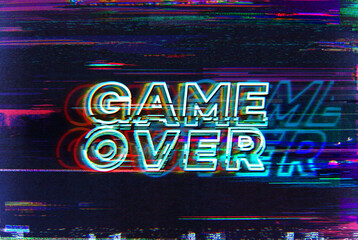 Game Over. Glitch art corrupted graphics typography illustration in retro style of vintage CRT TV screens and VHS tapes. - obrazy, fototapety, plakaty
