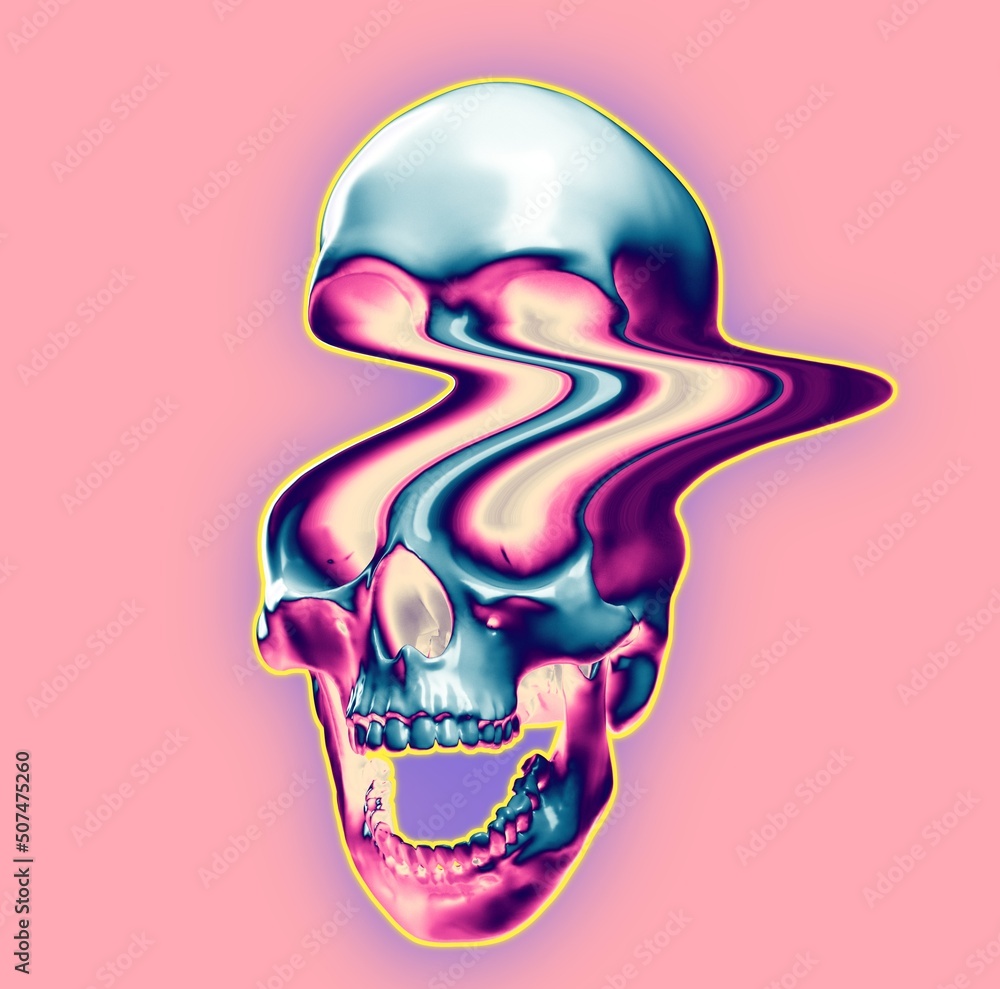 Aufkleber digital illustration from 3d rendering of pixel stretched glitch deformed screaming skull in synthwa